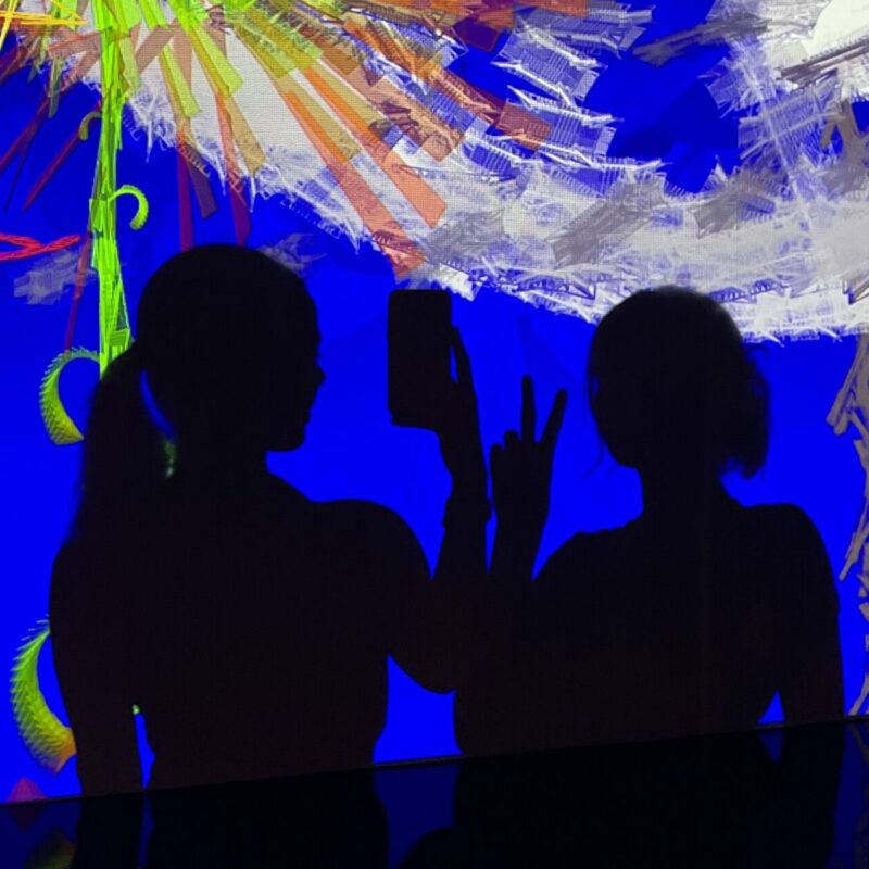 Two shadows against blue light show wall, one girl doing peace sign