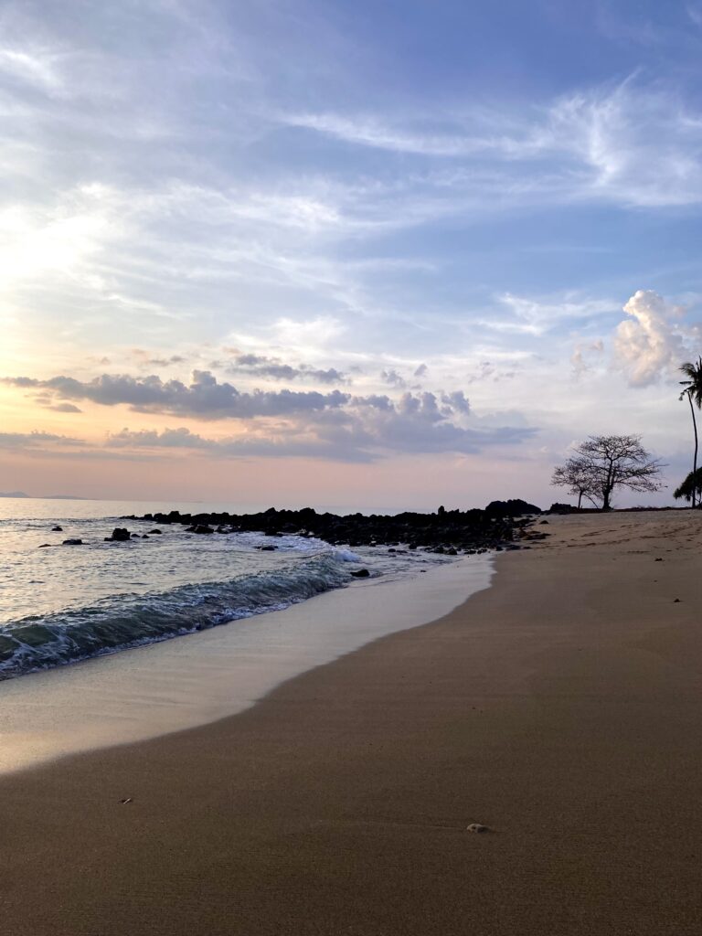 A beach at sunset